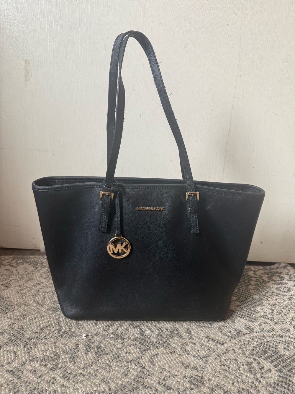 Michael Kors Black Saffiano Leather Tote with Gold MK Charm